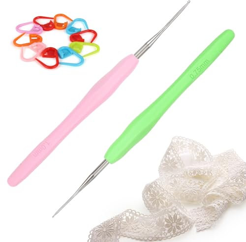 Katech 2 Stück Spitze Leichte Häkelnadel 0,75 + 1,0mm, Häkelnadel Mit Ergonomisch Griff, DIY Häkelnadeln Kit Für Anfänger, Fein Sehr Filigrane Arbeiten Und Spitzen, Häkelnadel Zum Häkeln Und Stricken