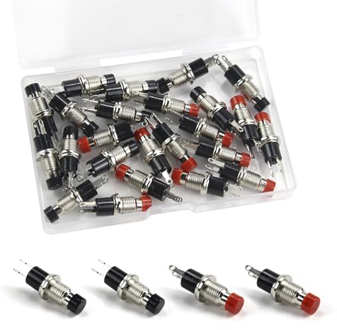 OMIGA 24 Piezas 7mm Momentáneo Mini Pulsador 2 Pin SPST Normal Abierto ON/OFF Interruptor Pequeño de Botón 3A 220V AC Pulsador Redondo para Entusiastas Del DIY Negro/Rojo