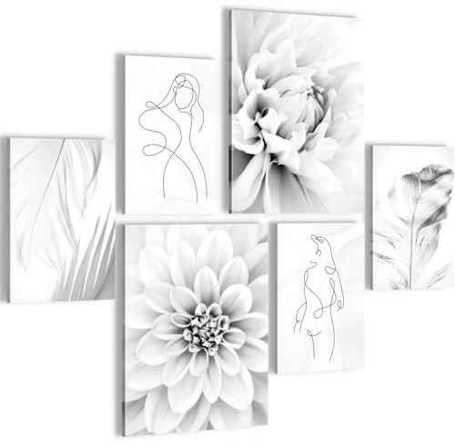 Novart Wandbilder Set Blumen Vintage Grau - KEIN EXTRA RAHMEN BENÖTIGT - Modern Deko - Wohnzimmer Schlafzimmer Flur N033563b