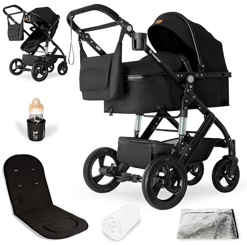 Bergsteiger Nizza Kombikinderwagen 3-in-1 Babywanne Buggy Sportsitz | Komplettset mit leichtem Aluminiumgestell Schwenkrädern verstellbarem Griff Wickeltasche Moskitonetz und Regenschutz