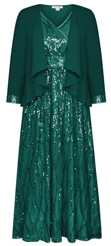 GRACE KARIN Damen Festliche Glänzendes Pailletten Partykleid Zweiteiliger Kleider mit Chiffon Jacke V-Ausschnitt Ballkleider Hohe Taille Maxikleid Abendmode Dunkelgrün 38