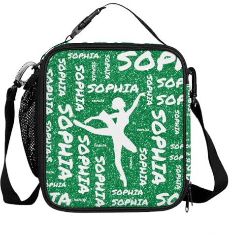 Mintoprints Lonchera de baile personalizada, loncheras reutilizables aisladas personalizadas con nombre, bolsa de almuerzo para enfriador para mujeres ballet, baile, brillo verde claro