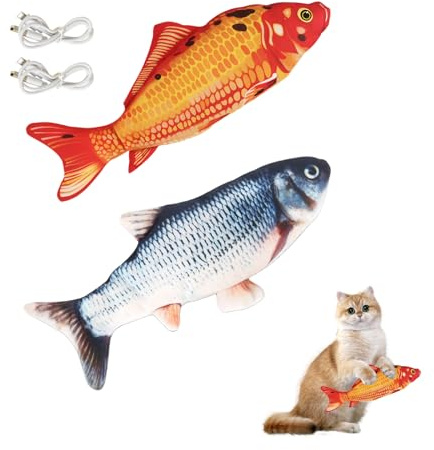 Telidif Floppy Fish Cat Toy, 2 Piece Realistic Plush Interactive Moving Fish Toy, 11 Catnip Cat Toy for Biting, Chewing, Kicking, Washable, Perfect for Indoor Cats and Pets (Grass Carp + Red Carp)