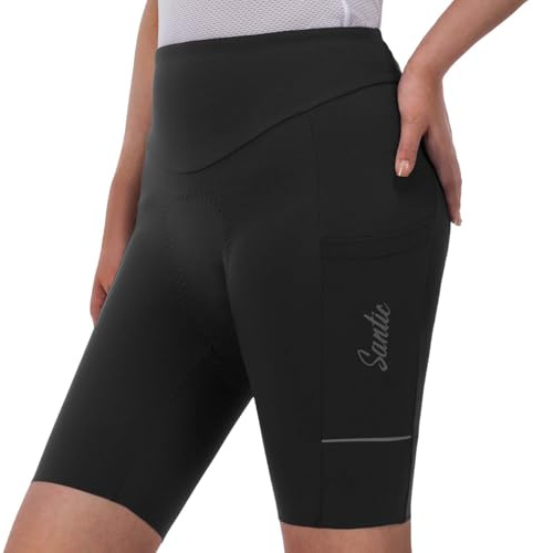 Santic Short de cyclisme rembourré pour femme avec rembourrage au niveau de l'assise et poche latérale, Noir , L