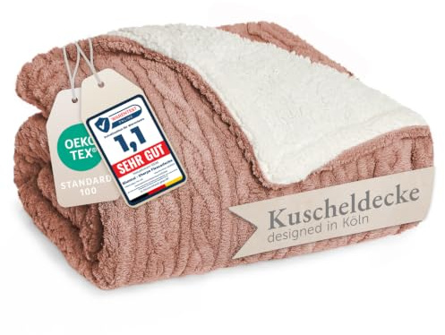 Blumtal Kuscheldecke 130x150 cm mit Zopfstrick-Optik - Oeko-TEX zertifizierte Mikrofaser Fleecedecke mit weicher Sherpa-Innenseite - Sherpa-Decke flauschig - Dusty Pink