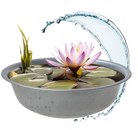 Spetebo Mini étang de jardin rond argenté - 52 cm - Décoration de jardin en métal - Grand bac à fleurs - Mini étang décoratif pour balcon - Bac à fleurs