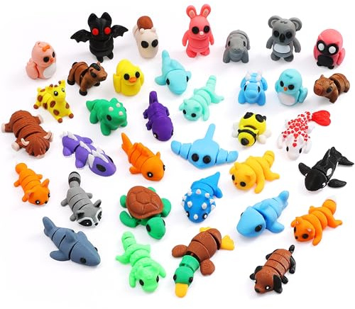 MONJITA 35 pcs Mini 3D Printed Animal Figurines, Flexible Articulated Fidget Wigglitz Toys, Cute Desk Decor, Party Favors, Goodie Bag Stuffers, Gifts for Kids Students Carnival Prizes Rewards (35pcs)
