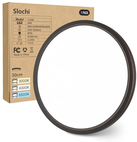 slochi Deckenlampe LED Deckenleuchte Flach, Ø30CM 3Farben 24W Antikbronze | 2800LM Wasserfest Rund Badlampe Decke, Modern LED Lampen für küche Badezimmer Schlafzimmer Flur Wohnzimmer
