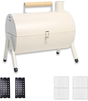 Generico Barbecue a Carbone, Barbecue da Esterno, affumicatore 2 in 1, Design Compatto con Manico in Legno di faggio, per Patio, Cortile, Picnic, Cucina, Campeggio (Bianco)