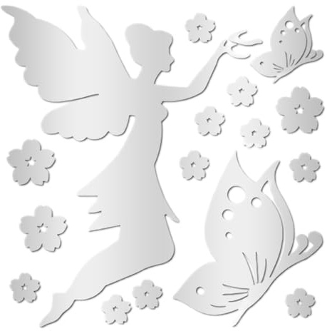 DOKRIN Adesivi da parete,16 adesivi murali a specchio con angelo volante, fata, fiori sparsi, adesivi in ​​acrilico fai da te per la decorazione del soggiorno e del ristorante