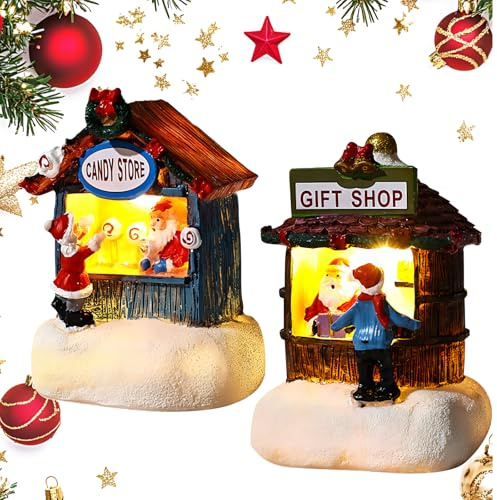 2-Pack LED Christmas Village Houses | Battery Operated Light Up Scene with Snow Cover | Mini Resin House Ornaments UKCA Certified