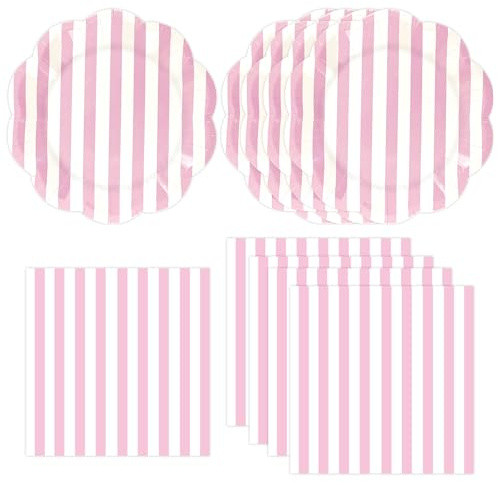 50PCS Pink and White Striped Paper Plates and Napkins Party Supplies, Scalloped Party Plates Serviettes Tableware Set for Picnic Happy Birthday Wedding Decoration (Pink)