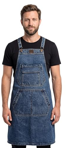 LEATHER VILLAGE Denim Chef Aprons for Men & Women with 3 Large Pockets | Adjustable Strap, Cross Back Design Apron for Cooking, Kitchen, Grilling, Gardening, BBQ, Barber, Server, Painting (M to XXL)