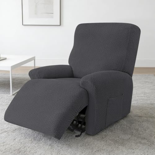 4-delat allt-inclusive-fåtöljskydd, vilstol, soffskydd, stretch, relaxfåtöljöverdrag med fickor, fåtöljöverdrag för TV-fåtölj, liggfåtölj, relaxfåtölj (mörkgrå)