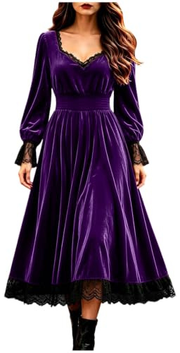 Gotisk sammets aftonklänning spetskant V-hals lång puffärm midi formell klänning smockad midja vintage spets skarvning klänning för halloween gotisk fest cocktail kväll evenemang