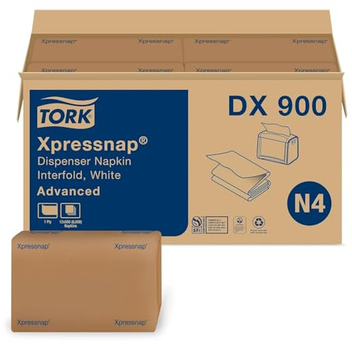 Tork Xpressnap White Dispenser Napkins N4 Advanced Interfold 1-Ply for Hygienic Dispensing 12 Packs of 500 (6000 Total) - (DX900)
