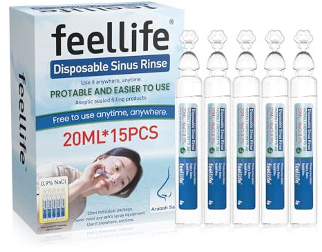 FEELLIFE Douche nasale jetable - Eau salée de mer - Nettoyage du nez - Rinçage nasal - Spray nasal - Portable - 20 ml x 15 pièces - Pour adultes et enfants - Emballage individuel