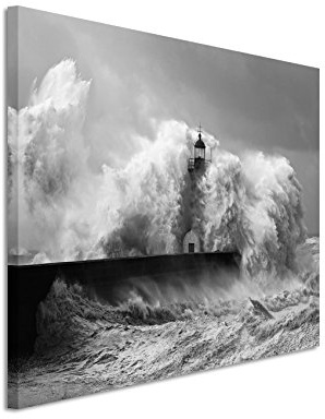 Paul Sinus Art 50x70cm Wandbild Fotoleinwand Bild in Schwarz Weiss Leuchtturm im Sturm Fluss Douro