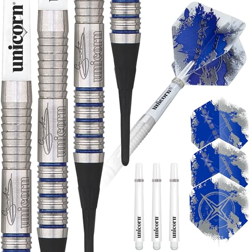 Unicorn Soft Tip Darts Set - Gary 'The Flying Scotsman' Anderson Silver Star - 80% Natural Tungsten Barrels with Blue Accents - 17 g, 18 g, 19 g or 20 g