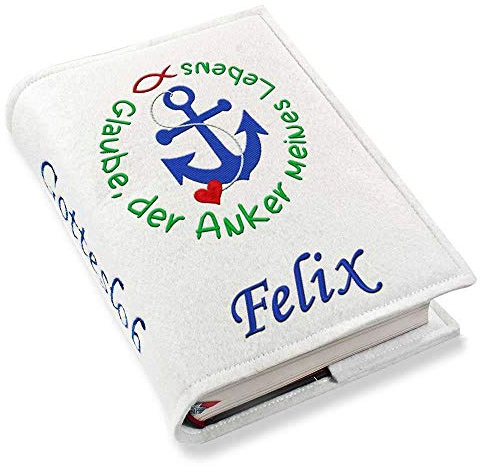 Gotteslob Gotteslobhülle Glaube der Anker meines Lebens Filz mit Namen bestickt hellgrau weiß dunkelgrau blaugrau dunkelblau türkis maigrün flieder, Farbe:weiß