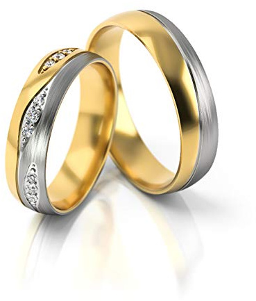 JC Trauringe Gold Paarpreis Bicolor Gelbgold Weißgold I Eheringe breit 5 mm I Edle Partnerringe mit Gravur in edler Schatulle I 2 Hochzeitsringe Herrenring ohne & Damenring mit Steinen I PL287