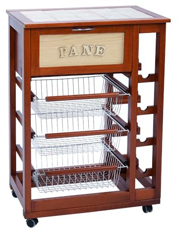 Carrello da Cucina portapane e portabottiglie in Legno con Ruote per casa Giardino (Ciliegio)