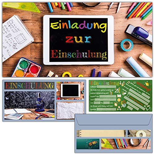 Einschulung Einladungskarten mit Umschlag (12er Set) TABLET - Einladungen für Kinder zum Schulbeginn Schuleingang Schulanfang Karten von BREITENWERK