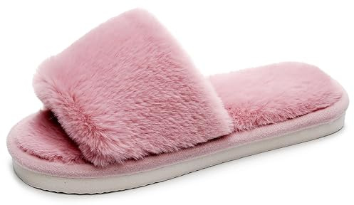Crazy Lady Women's Fuzzy Fluffy House Slippers Cute Plush Memory Foam Shoes Cross Band Indoor Outdoor Open Toe Sandals(06/Pink, 10-10.5)