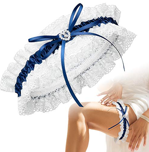 JK Trade® Premium Braut Strumpfband in Blau für Hochzeit in Einheitsgröße, Band verziert mit Spitze, Schleife und einem edlen Herz mit filigranem Glitzer-Stein, 100% Handgefertigt (Dunkelblau)