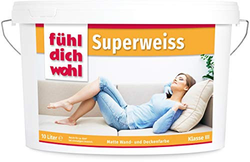 Fühl Dich Wohl Wandfarbe Superweiss weiße Innenwandfarbe 10l, matt weiß Wand Farbe hohe Deckkraft für Innen Ausbesserungsfarbe tropfarm dispersionsfarbe deckend 10 Liter
