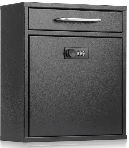 xydled Wall-Mount Mailboxes with Combination Lock, Hanging Secured Postbox, Ultimate Drop Box, Perfect for Deposits Payments Key and Letter Drops, Black, Medium