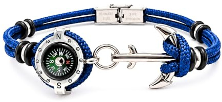 amorili Bracciale Uomo con Bussola Ancora e Corda in Acciaio Inox – Simbolo Nautico Marino – Idea Regalo Mare Estate – Braccialetto Uomo Elegante (blu)