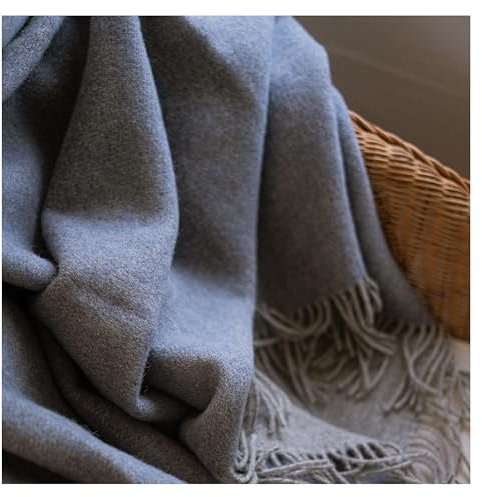 OT ECO Coperta Plaid 140x220, Double Face, 100% Lana Vergine, Invernale, Bicolore Grigio/Blu/Azzurro, Stile Rustico, 140x200(Frange escl.), Caldo Morbido Copriletto, per Poltrona/Divano/Letto