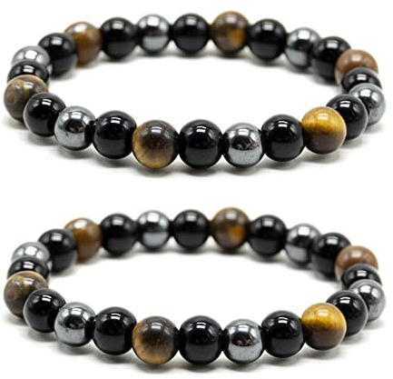 SZCXDKJ Lot de 2 bracelets triple protection - Oeil de tigre, hématite et obsidienne - Apporte chance et prospérité - Unisexe - 16-18 cm