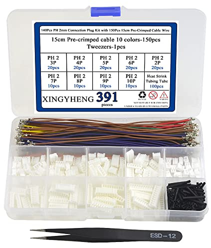 BGTXINGI 140 Stück PH 2 mm Verbindungsstecker-Kit mit 150 Stück 15 cm vorgecrimptem Kabeldraht 2/3/4/5/6/7/8/9/10-poliges Haus, kompatibel mit JST PH-Anschluss
