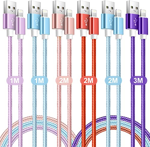 iPhone Ladekabel 6Pack,Apple MFi Zertifiziert Ladekabel 1m 2m 3m Schnellladekabel iPhone Lang Gefärbtes Nylon Lightning Kabel für iPhone 14 13 12 11 Pro Max/XS/XR/X/8/7/6s/6 Plus/5