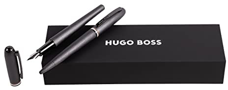 Hugo Boss Contour Iconic Set Kugelschreiber & Füllfederhalter aus Aluminium hergestellt, Farbe: Dunkelgrau, Abmessungen: 200 x 62 x 34 mm, HPBP341D