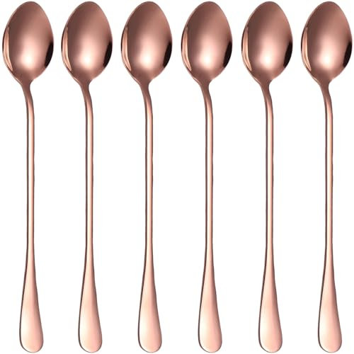 Latte Spoons,Set of 6 Long Handle Spoons,19cm Stainless Steel Coffee Spoons, Ice Tea Spoons, Espresso Spoons, Dessert Spoons for Coffee Tea Dessert Sundae (Rose Gold New)