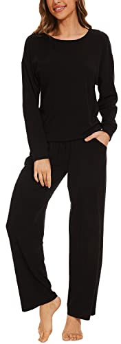 Mnamo Damen Schlafanzug Weich Gestricktes Pyjama Set Schwarz 2 Stück Gemütliche Nachtwäsche Baumwolle und Modal Atmungsaktives Gewebe