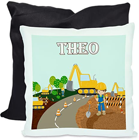 CreaDesign, Kinder Kissen 40x40 cm personalisiert mit Namen, Kinderzimmer Deko Kissen Kinder mit Füllung Federn, Motiv Bagger, Rückenfarbe Schwarz