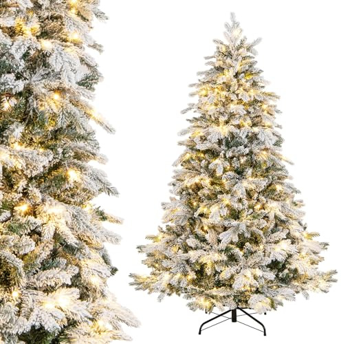 RELAX4LIFE 180 cm Künstlicher Weihnachtsbaum mit Schnee, Tannenbaum mit 260 warmweißen LED-Lichtern & 1415 Zweigspitzen, aus PE & PVC, Schnellaufbau Klappsystem, Metallständer, Christbaum für Zuhause