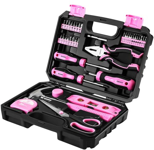 DEKO Kit di attrezzi Rosa per Fai-da-Te Valigetta attrezzi Rosa con Utensili Manuali e Giravite Portainserti 2 in 1 per Donna Piccoli Lavori di Riparazione, in una custodia