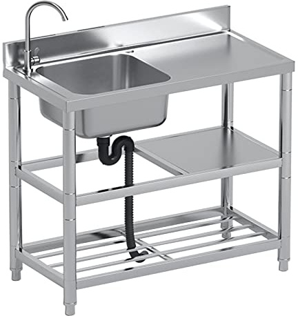 Lavello autoportante in acciaio inox con piano di lavoro, per esterni, lavanderia, garage, campeggio, 80 x 50 x 85 cm
