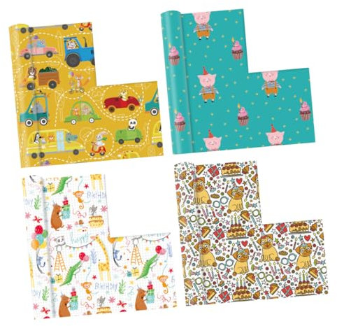 GLEAVI 4stücke Teiliges Geschenkpapier Mit Tiermustern Für Kindergeburtstage Partyverpackungen Und Kreative Bastelprojekte Cartoon Zoo Schweinchen Lkw-designs