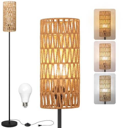 Ruiever Floor Lamp for Living Room,Farmhouse Rattan Floor lamp,Modern Standing lamp with Hand-Worked Rattan Shade,Black Tall Lamp with Foot Switch for Bedroom,Kids Room,Office,LED Bulb is Included.