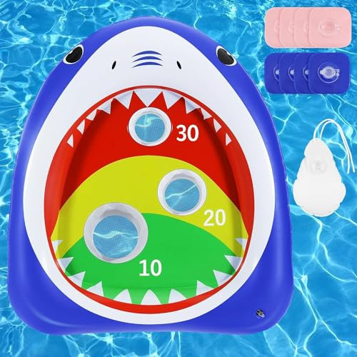 MoKo Aufblasbar Hai Pool Spielzeug Set, Schwimmbad Cornhole Spiel mit Punktzahl, Wurfspiele Pool Spielzeug, 1 Sandsack & 8 Sitzsäcke, Schwimmend Outdoor Wurfspiel strandspielzeug für Kinder Erwachsene