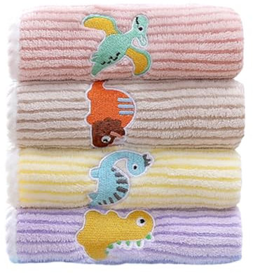 4 asciugamani morbidi per bambini con ricamo, multicolore per bambini, asciugamani per il viso in cotone, asciugamani per le mani con dinosauri carini 25 x 50 cm