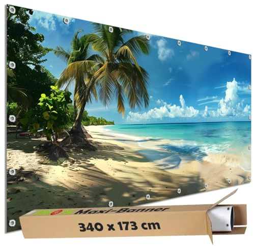 TRIOSK Sichtschutz Garten Dekoration Plane groß mit Motiv Strand Meer Karibik Urlaub Motivbanner blickdicht für Terrasse Zaun Gartenzaun Gartenposter PVC Zaunblende 340x173 cm