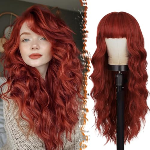 BARSDAR Lange Gewellt Kupfer Rot Perücke mit Pony, 66cm Lange Gewellt Rot Perücke mit Pony für Damen Haar Replacement Synthetische Natürlich Aussehendes Lockige Perücken Face-Framing Haar Perücken