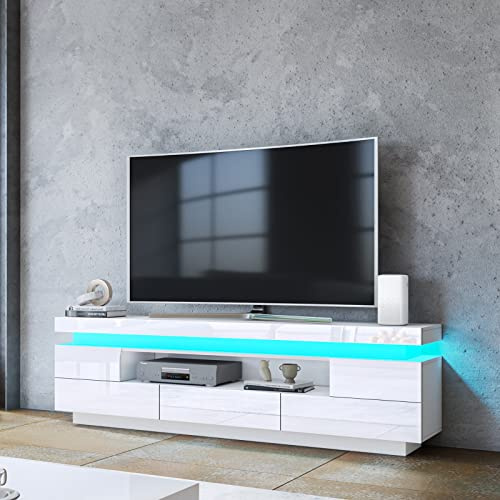 Generic TV Stand Cabinet Modern White Gloss TV Stand Unit with LED Lights 150CM, 5 Drawers, 1 Open Shelf and Hidden Top Storage Space, for Bedroom Living Room Home Furniture (White)